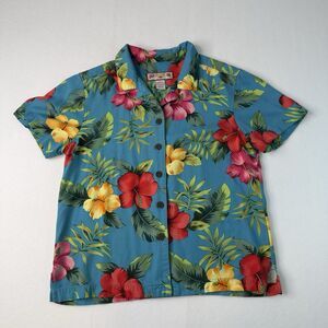Caribbean‎ Joe Women's Blue Hibiscus Floral Rayon Short Sleeve Shirt